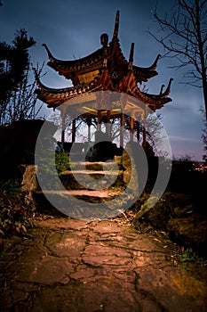 Chinese Tower Garden Building Temple Stuttgart Night Time Glowing Fantasy Park Outdoors Path Rocks Water Sunset Moon