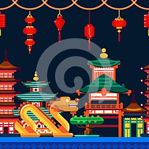 Chinese town seamless horizontal background. Travel to China vector flat illustration. Night Asian cityscape