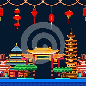 Chinese town seamless horizontal background. Travel to China vector flat illustration. Night cityscape