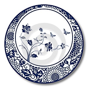 Chinese Traditional Blue And White Porcelain, Peony And Butterflies