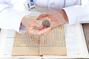 Chinese traditional Chinese medicine practitioners hold Fengqiuzi in hand and read medical books and books to learn