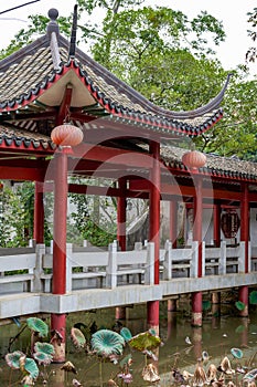 Chinese traditional classical lotus pond garden and architectural landscape