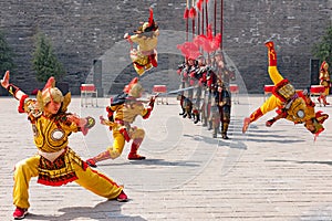 Chinese traditional dance, cultural performance of warriors in traditional costumes, China