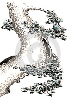 Chinese traditional distinguished gorgeous decorative hand-painted ink-pine tree