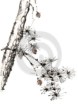 Chinese traditional distinguished gorgeous decorative hand-painted ink-pine tree