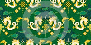 Chinese traditional dragon seamless pattern design with clouds, mountain and wavy water texture