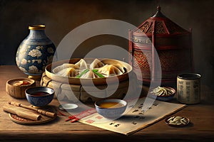 chinese traditional dumplings and shu cake on table