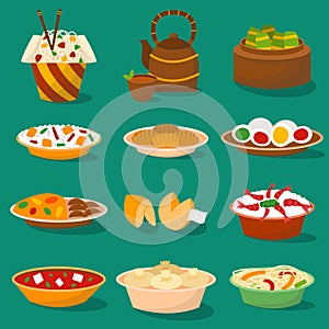Chinese traditional food asian delicious cuisine dinner meal and china lunch cooked vector illustration