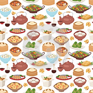 Chinese traditional food steamed dumpling asian delicious seamless pattern vector