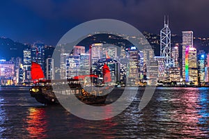 A Chinese traditional junk boa sailing passing famous Hong Kong skyline