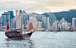 Chinese traditional junk boat in front of Hong Kong skyline