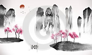 Chinese traditional landscape painting of lake