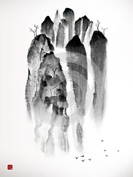 Chinese traditional landscape painting of mountains