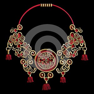 Chinese traditional style embroidery gold red 3d floral neckline design with flowers, meanders, knots, mandala and fringes.