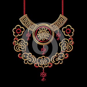 Chinese traditional style embroidery gold red 3d neckline design with braided knots, meanders, mandala and fringes. Beautiful