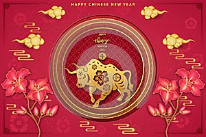 Chinese traditional template of Chinese happy new year with flower on pink Background as year of ox, lucky and infinity concept