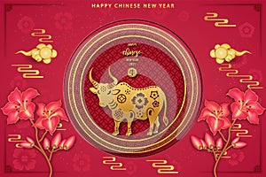 Chinese traditional template of chinese happy new year with ox pattern isolated on pink Background as year of ox, lucky and