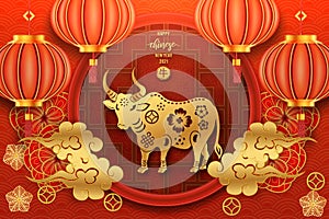 Chinese traditional template of chinese happy new year with ox pattern isolated on pink Background as year of ox, lucky and