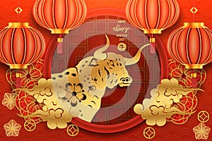 Chinese traditional template of chinese happy new year with ox pattern isolated on red Background as year of ox, lucky and