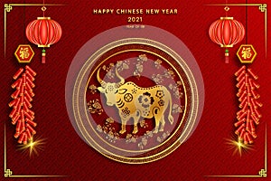 Chinese traditional template of chinese happy new year with ox pattern isolated on red Background as year of ox, lucky and