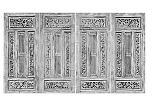 Traditional white hinge carved wood door isolated on a white background