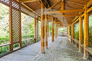 The Chinese tranditional long Corridor for leisure on mountaineering road, viewed from inside