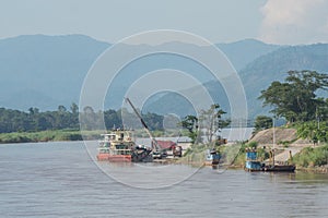 Chinese transportation park by Khong river,instaliment goods,Golden triangle,Chiang saen,Chiang rai,Thailand