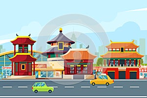 Chinese urban landscape with traditional buildings. Chinatown in cartoon style. Vector illustrations