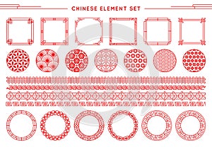 Chinese vector set of border, frames, patterns, knots isolated on white background. Asian red elements for new year