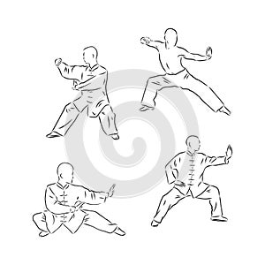 Chinese vector shaolin monk in kung fu pose, wearing an orange traditional dress with hand drawn kung fu lettering. kung