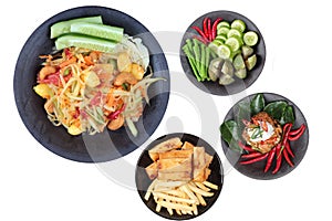 Chinese vegetable festival as spicy papaya salad with mixed vegetable, deep fried spring roll and French fries