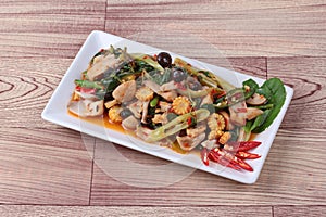 Chinese Vegetable festival food as fried basil with mixed vegetables served.