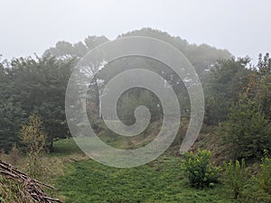 Chinese village in the Autumn foggy day