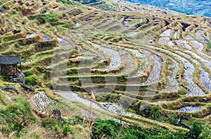 Chinese village and rice terraces, Guilin, Guangxi, China.