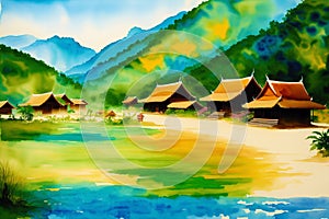 A chinese village. Watercolor Painting of a Tranquil Chinese Village. Generative AI