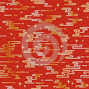 Chinese vintage cloud seamless pattern. Red background with golden sky and stars. Traditional oriental ornament. Vector