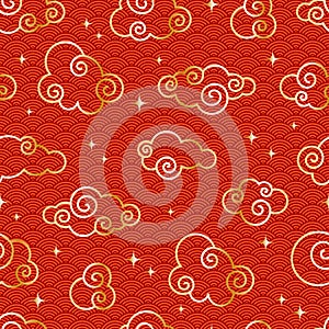 Chinese vintage cloud seamless pattern. Red background with golden sky and stars. Traditional oriental ornament. Vector