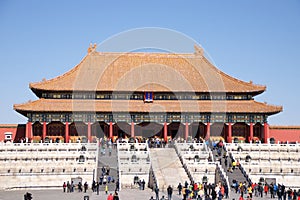 Chinese Visitors And Tourists Walking In Front Of The Hall Of Supreme Harmony In The Forbidden City In Beijing, China