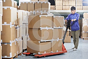 Chinese warehouse worker with forklift stacker photo