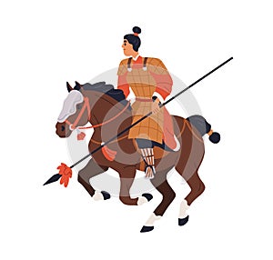 Chinese warrior riding horseback. Asian armored horse rider with spear, lance. Eastern mounted soldier of Ancient China
