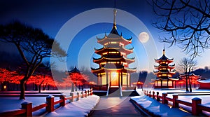 Chinese winter landscape background, pagoda, plum