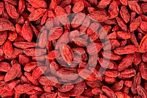Chinese wolfberries background. Heap of dried goji berry. Top view.