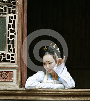 Chinese woman in Hanfu dress enjoy free time