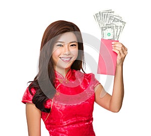 Chinese woman hold with lucky money with USD