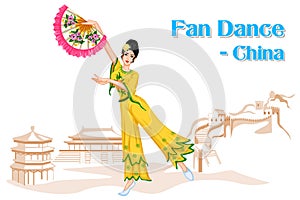 Chinese Woman performing Fan dance of China