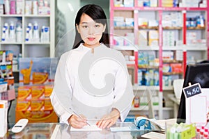 Chinese woman pharmacist working in pharmacy