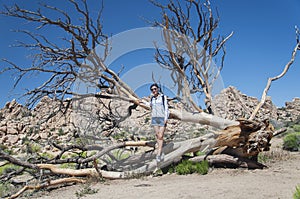A chinese woman standing on a large fallen dead tree