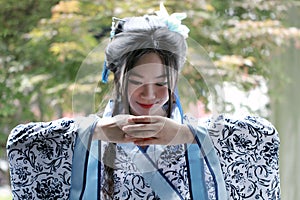 Chinese woman in traditional Blue and white porcelain style Hanfu dress