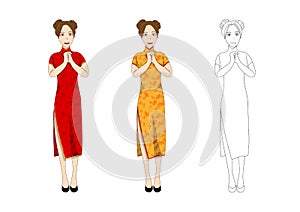 Chinese Woman in Traditional Red Qipao Dress. New Year People Greeting. Vector Illustration.