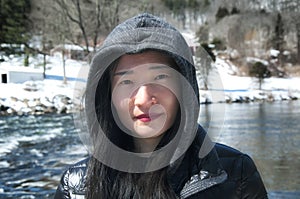 Chinese woman traveling in the united states new england winter